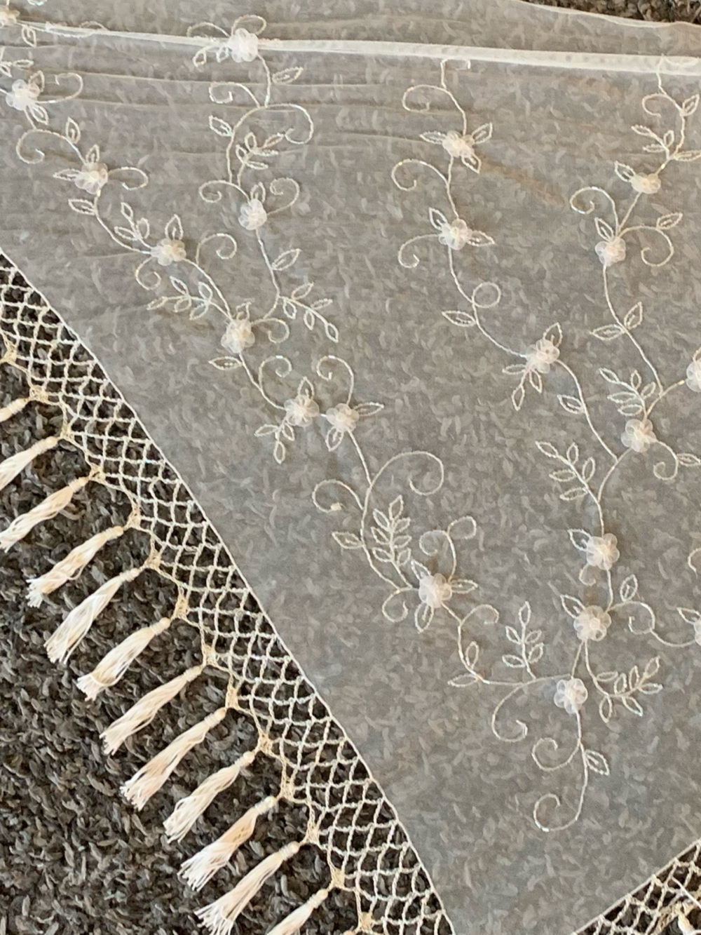 Sheer White Embroidered Lace Scarf with Fringe